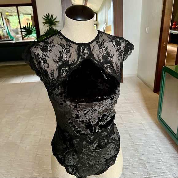 Victoria Secret black crushed velvet lace Trim bodysuit - Picture 2 of 13